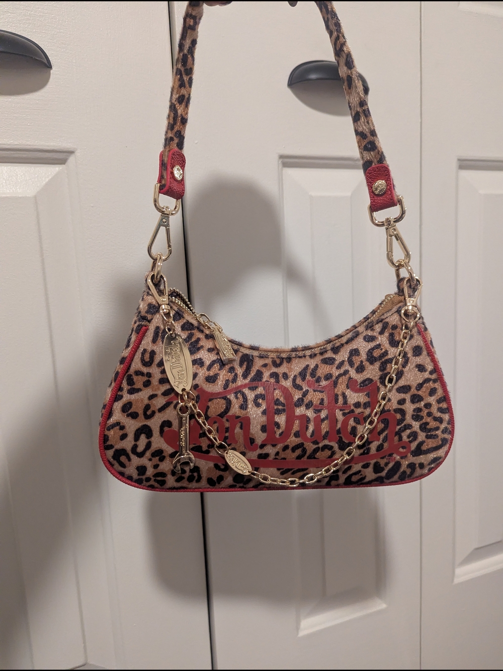 Von Dutch Leopard Shoulder Bag with Red Trim